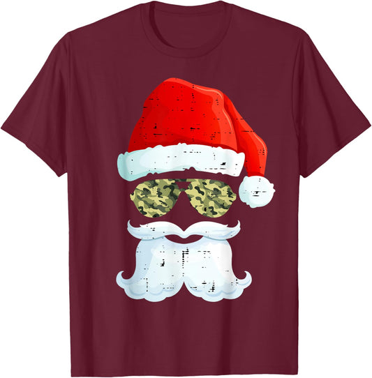 Funny Santa Claus Face Sunglasses Hat Beard Camo Camouflage T-Shirt - T-Shirt | Maroon