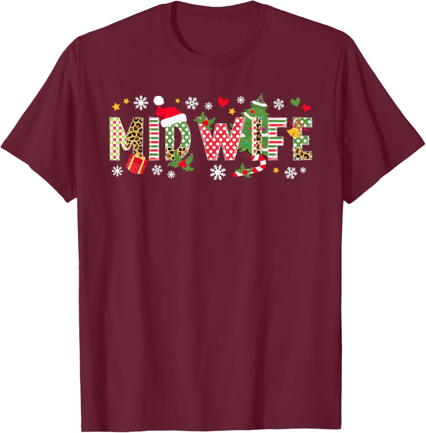 Christmas Midwife Xmas Black Midwife/Birth Worker Christmas , -Adults, Short Sleeve, Small T-Shirt - T-Shirt | Maroon