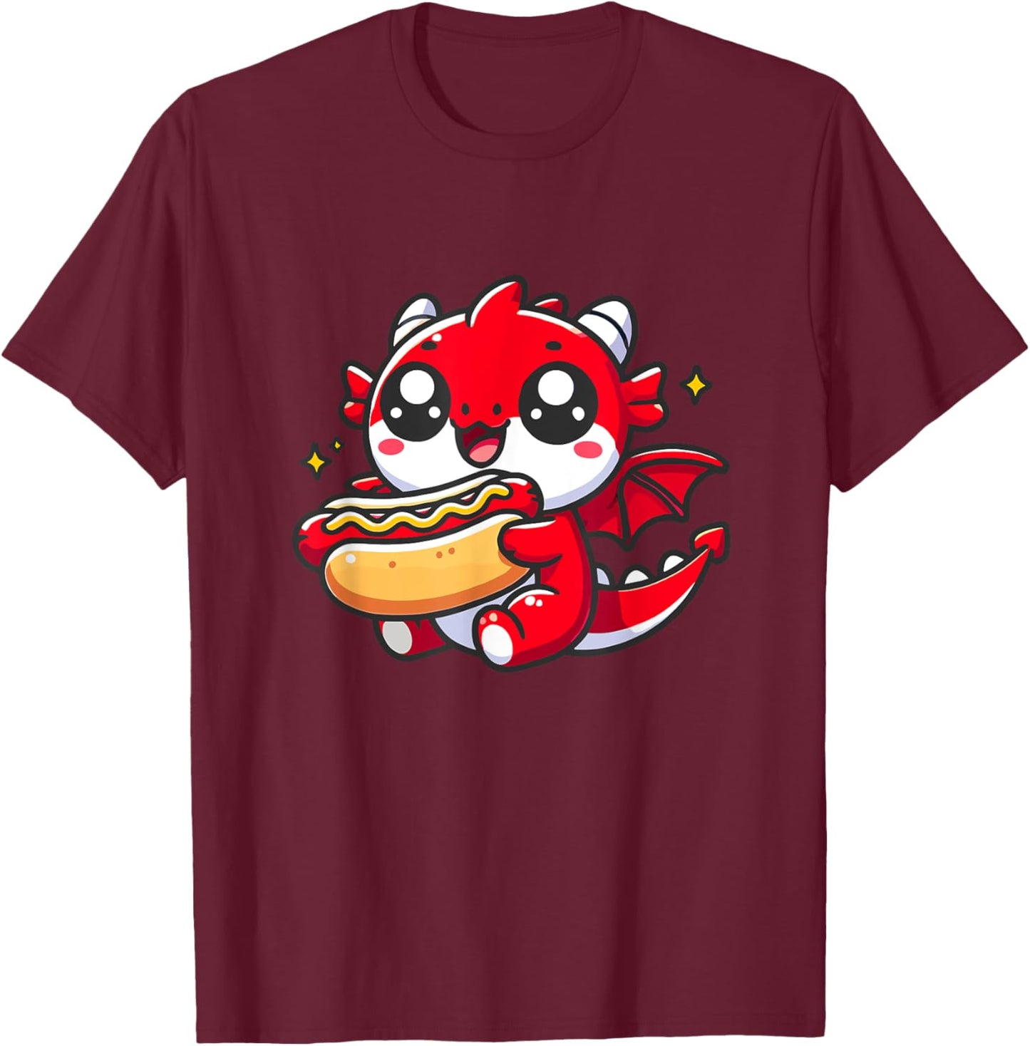 Cute Dragon Eats Hotdog T-Shirt - T-Shirt | Maroon