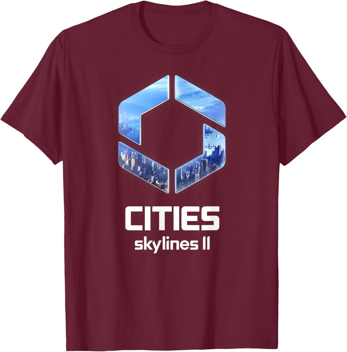 Cities Skylines II Game Logo City Builder White T-Shirt - T-Shirt | Maroon