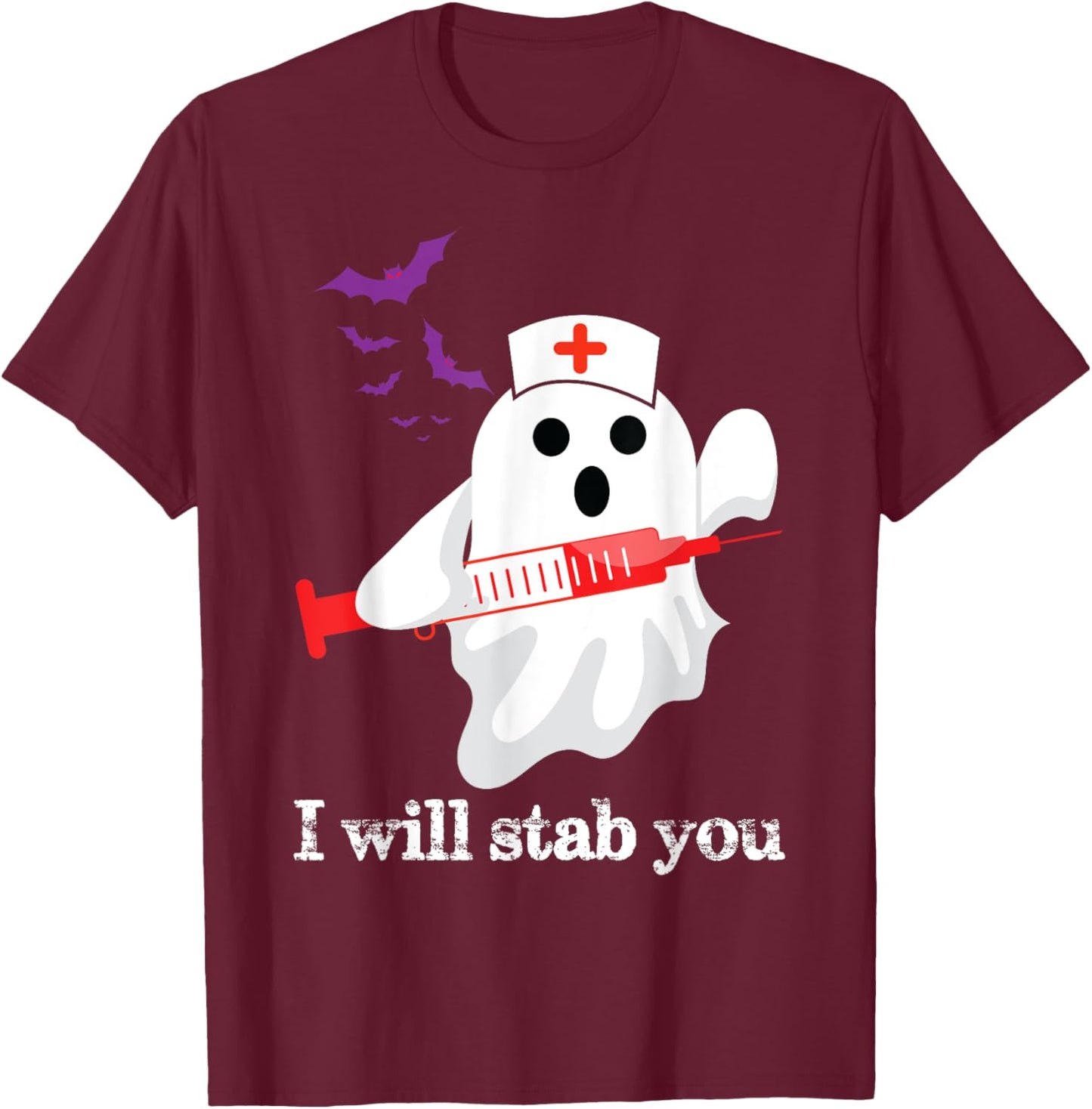 Funny Ghost I Will Stab You Phlebotomist Halloween Pun T-Shirt - T-Shirt | Maroon