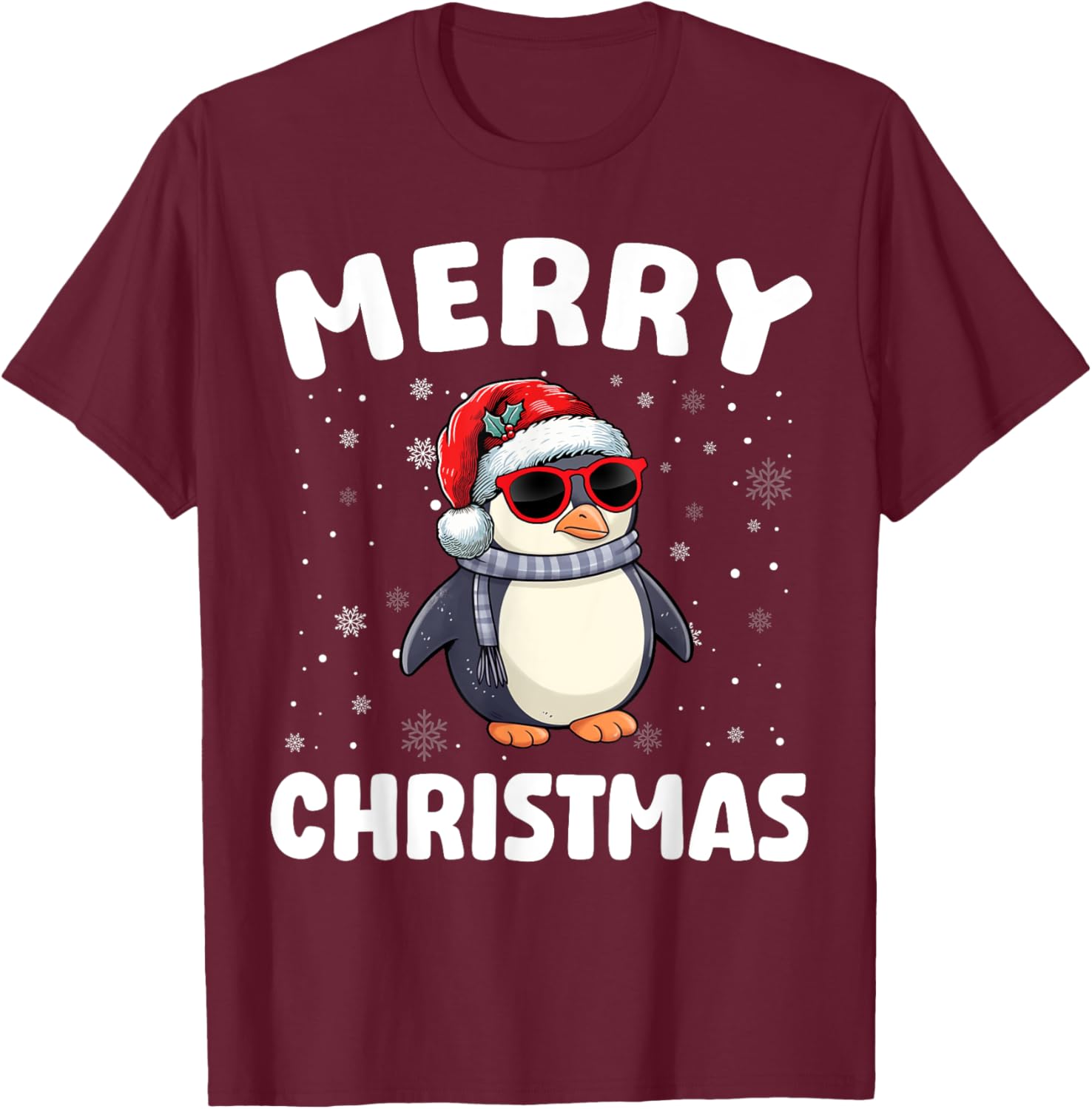Merry Christmas Penguin Merry Xmas Funny Boy Girl Kids T-Shirt - T-Shirt | Maroon