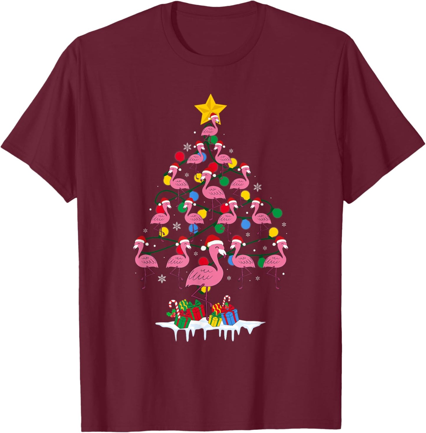 Pink Flamingo Funny Christmas Tree Cute Flamingos Holiday T-Shirt - T-Shirt | Maroon