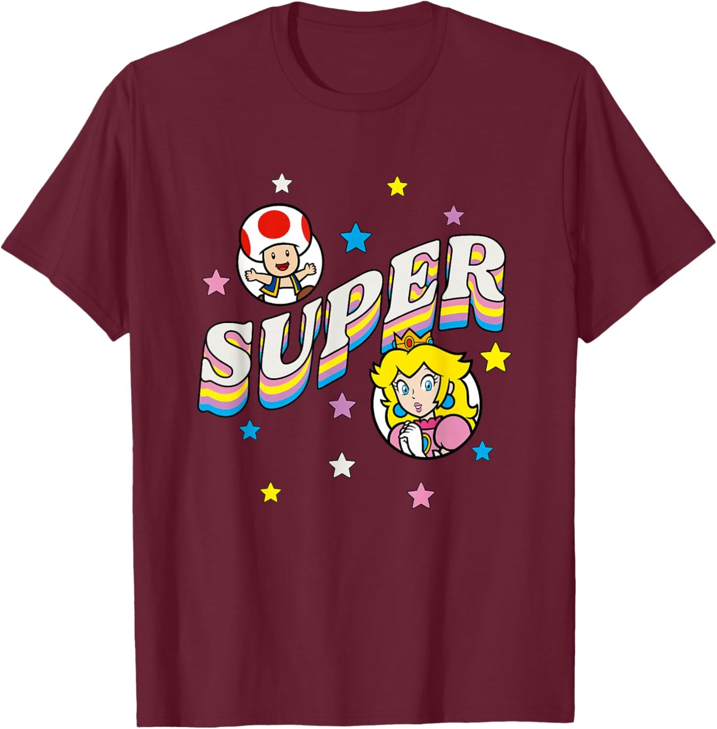 Super Mario Bros Princess Peach & Toad Super Star Text T-Shirt - T-Shirt | Maroon