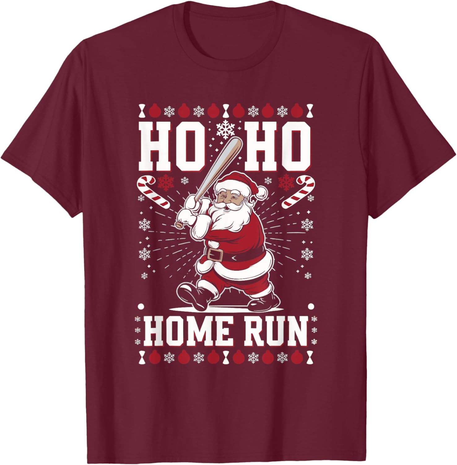 Christmas Santa Baseball Home Run Ho Ho Home Run , -Adults, -Kids, Black, Small, Short Sleeve T-Shirt - T-Shirt | Maroon