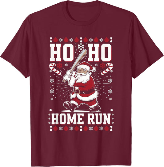 Christmas Santa Baseball Home Run Ho Ho Home Run , -Adults, -Kids, Black, Small, Short Sleeve T-Shirt - T-Shirt | Maroon