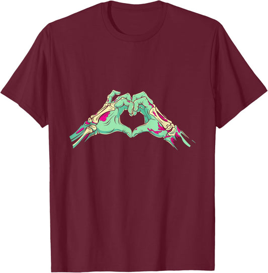 Zombie Hands Heart Love Skeleton Horror Tattoos T-Shirt - T-Shirt | Maroon