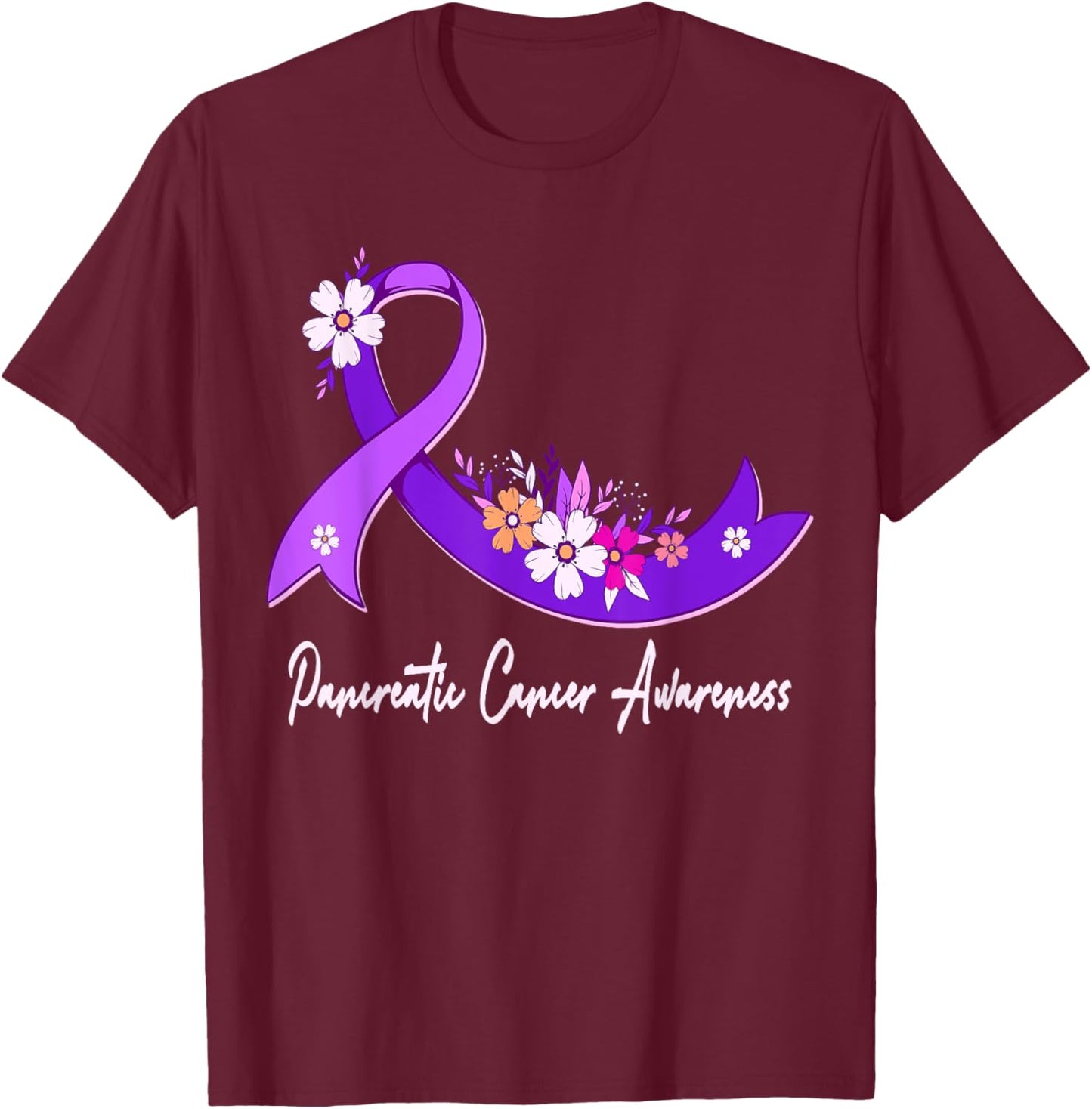 Pancreatic Cancer Awareness Floral Purple Ribbon Support T-Shirt - T-Shirt | Maroon