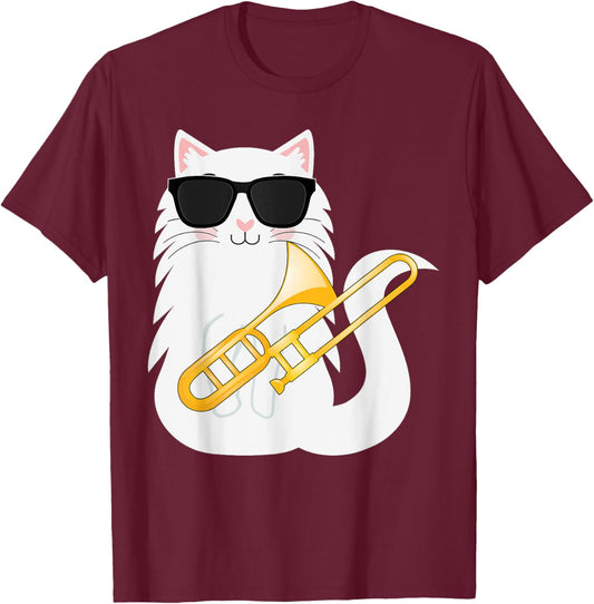 Funny Cat Wearing Sunglasses Playing Trombone T-Shirt - T-Shirt | Maroon
