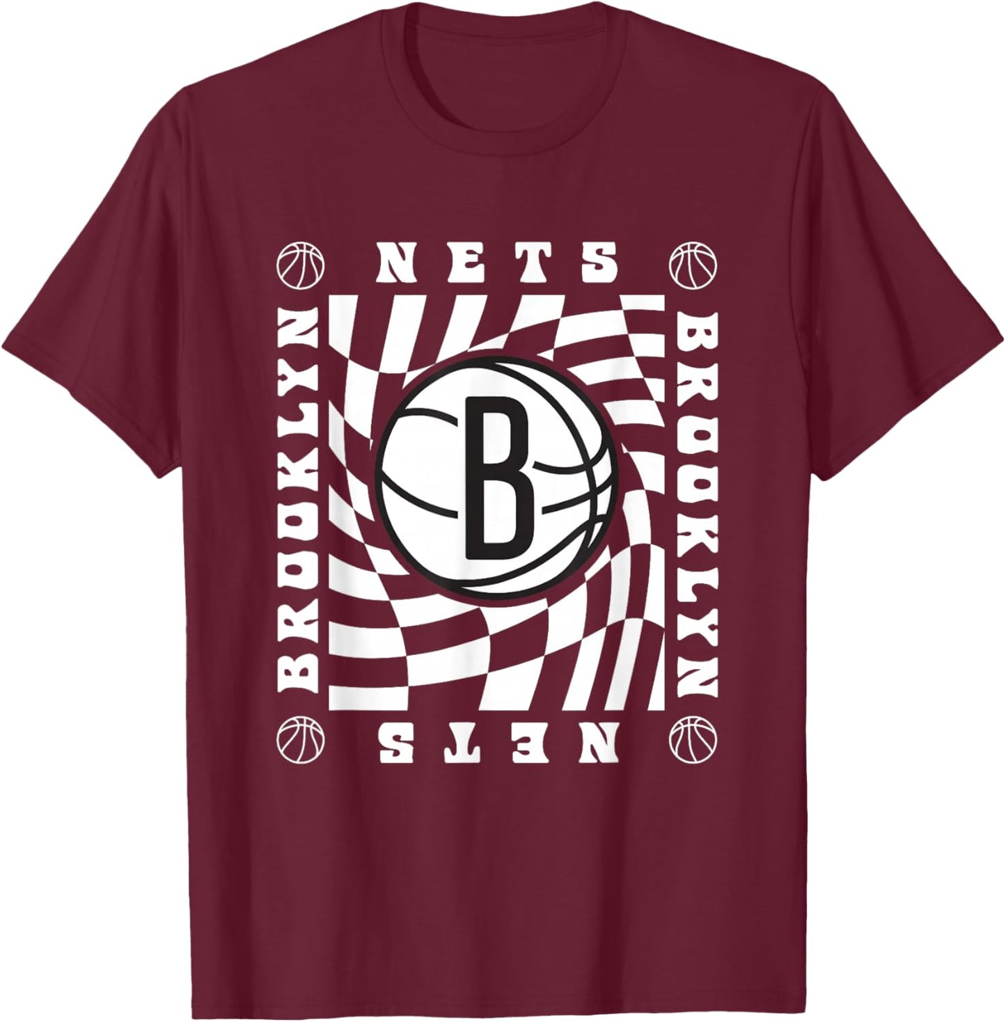 NBA Brooklyn Nets Retro Checkerboard Wave T-Shirt - T-Shirt | Maroon