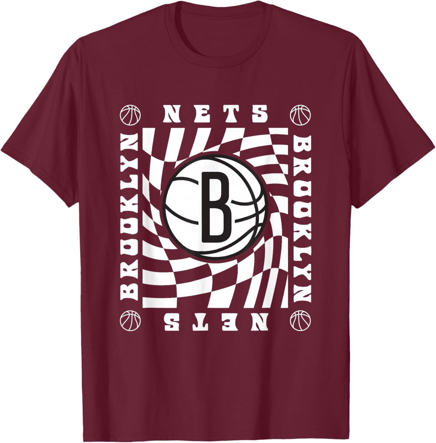 NBA Brooklyn Nets Retro Checkerboard Wave T-Shirt - T-Shirt | Maroon