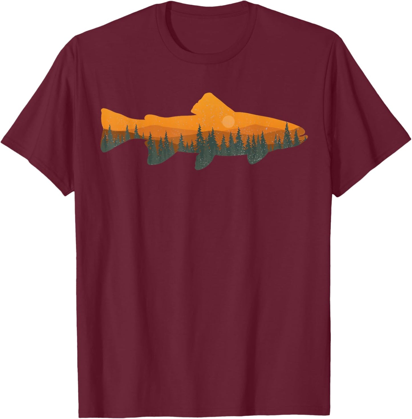 Retro Forest Nature Wildlife Funny Trout Fishing T-Shirt - T-Shirt | Maroon