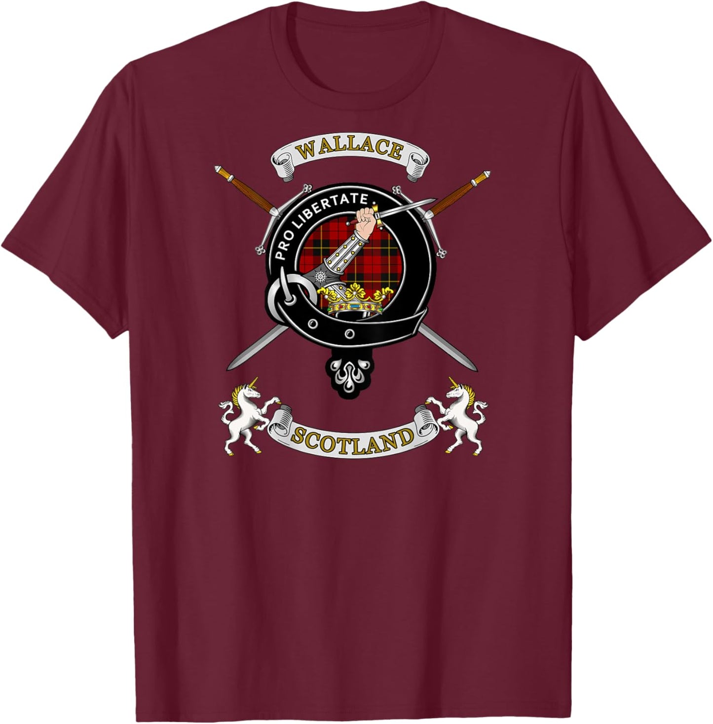 Wallace Clan Badge Tartan & Swords (back) T-Shirt - T-Shirt | Maroon