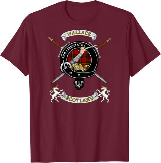 Wallace Clan Badge Tartan & Swords (back) T-Shirt - T-Shirt | Maroon
