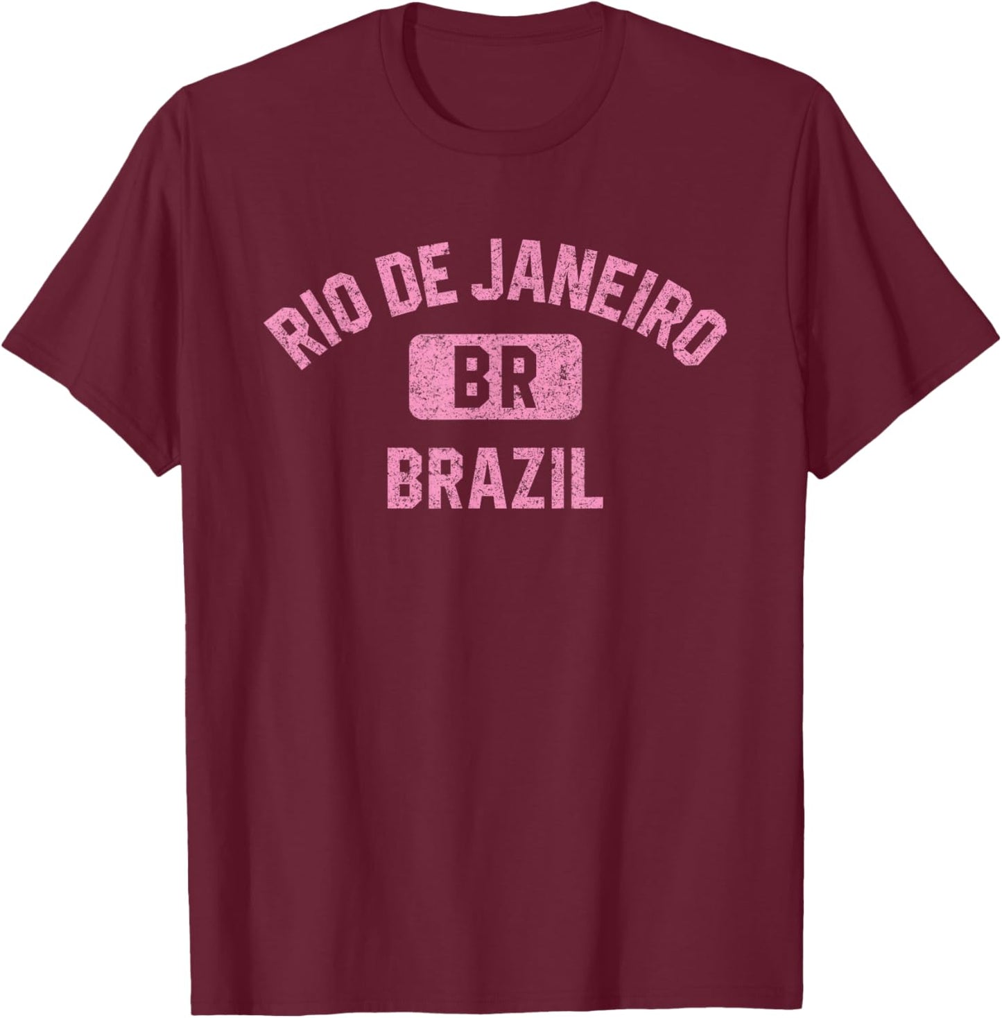 Rio de Janeiro Brazil Gym Style Distressed Pink Print T-Shirt - T-Shirt | Maroon