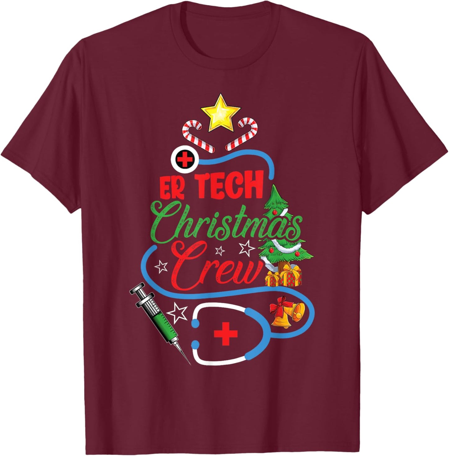 ER Tech Christmas Crew Emergency Room Nurse Xmas Christmas T-Shirt - T-Shirt | Maroon