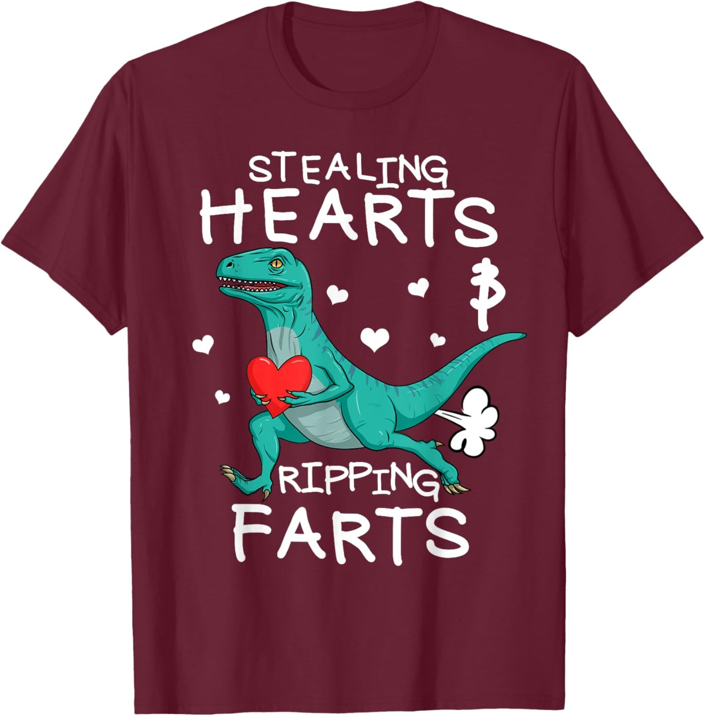 Stealing Hearts And Ripping Farts Boys Valentine Raptor T-Shirt - T-Shirt | Maroon