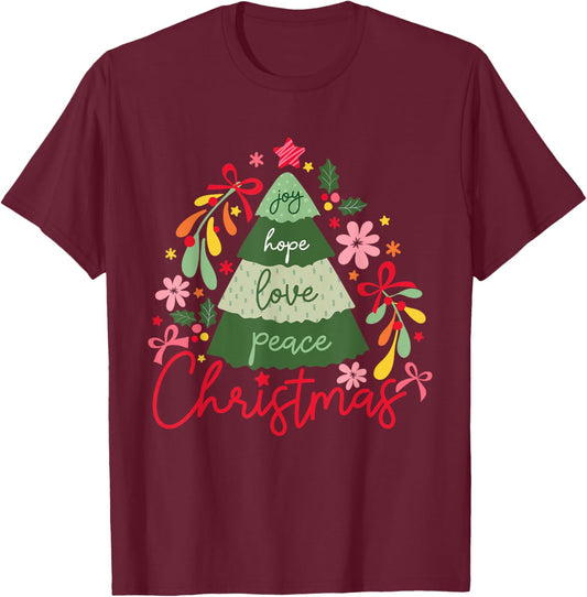 Joy Hope Love Peace Christmas Tree Pajama Outfits Holiday T-Shirt - T-Shirt | Maroon