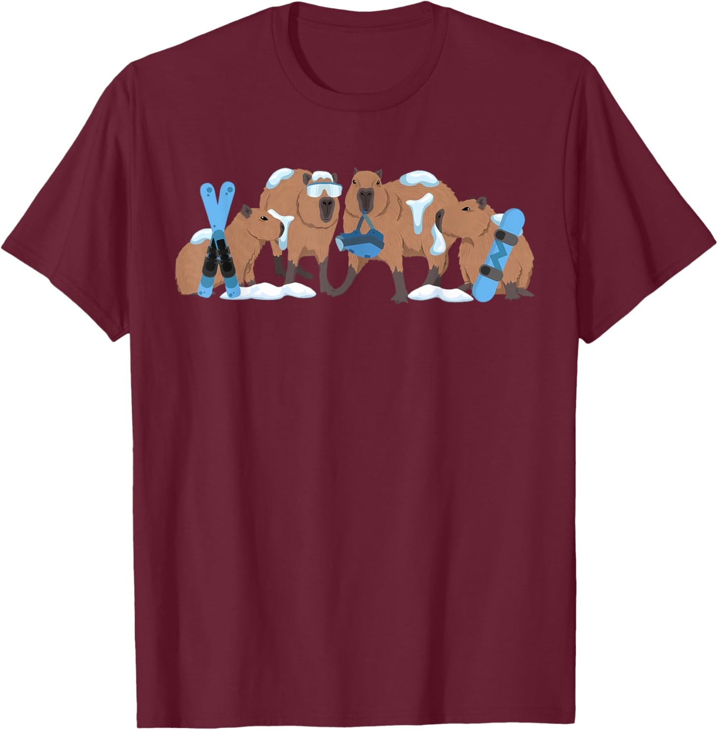 Capybara Skiing Cute Capy Snowboard Winter Capybara Lover T-Shirt - T-Shirt | Maroon