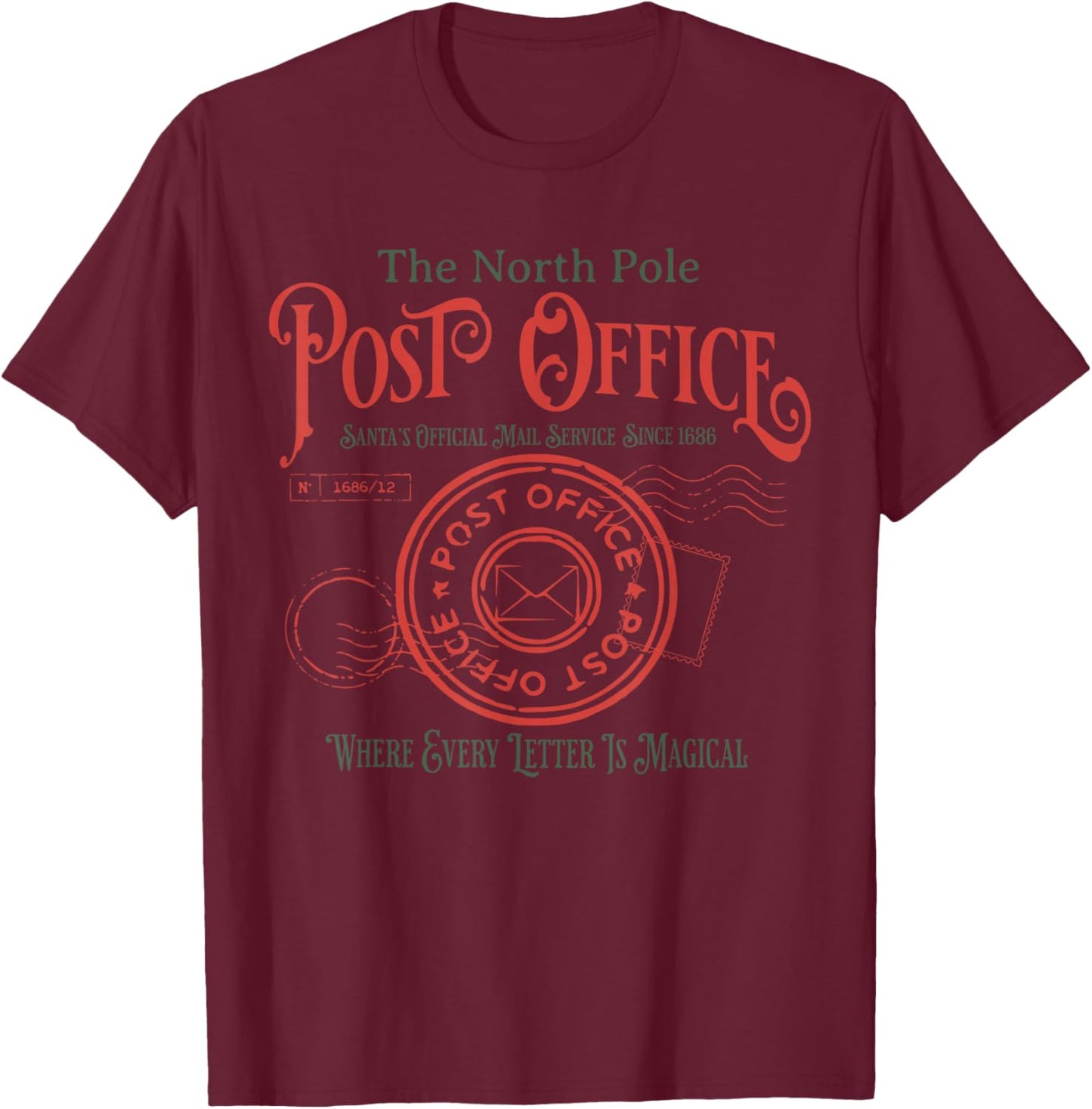 Vintage Retro North Pole Post Office Santa Claus Christmas T-Shirt - T-Shirt | Maroon