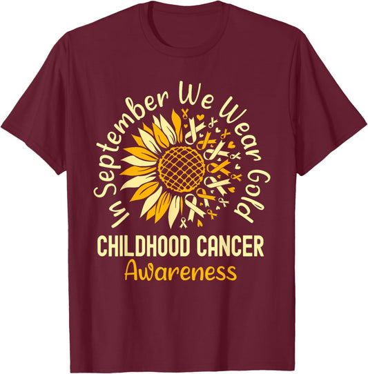 September We Wear Gold Sunflower Childhood Cancer Awareness T-Shirt - T-Shirt | Maroon
