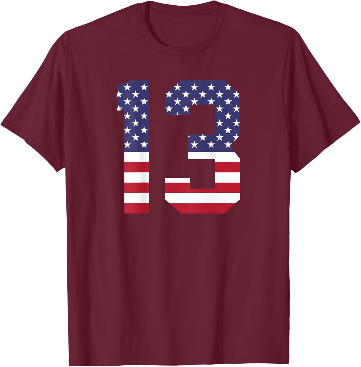 Number 13 BACKSIDE American Flag - Patriotic Jersey Numbered T-Shirt - T-Shirt | Maroon