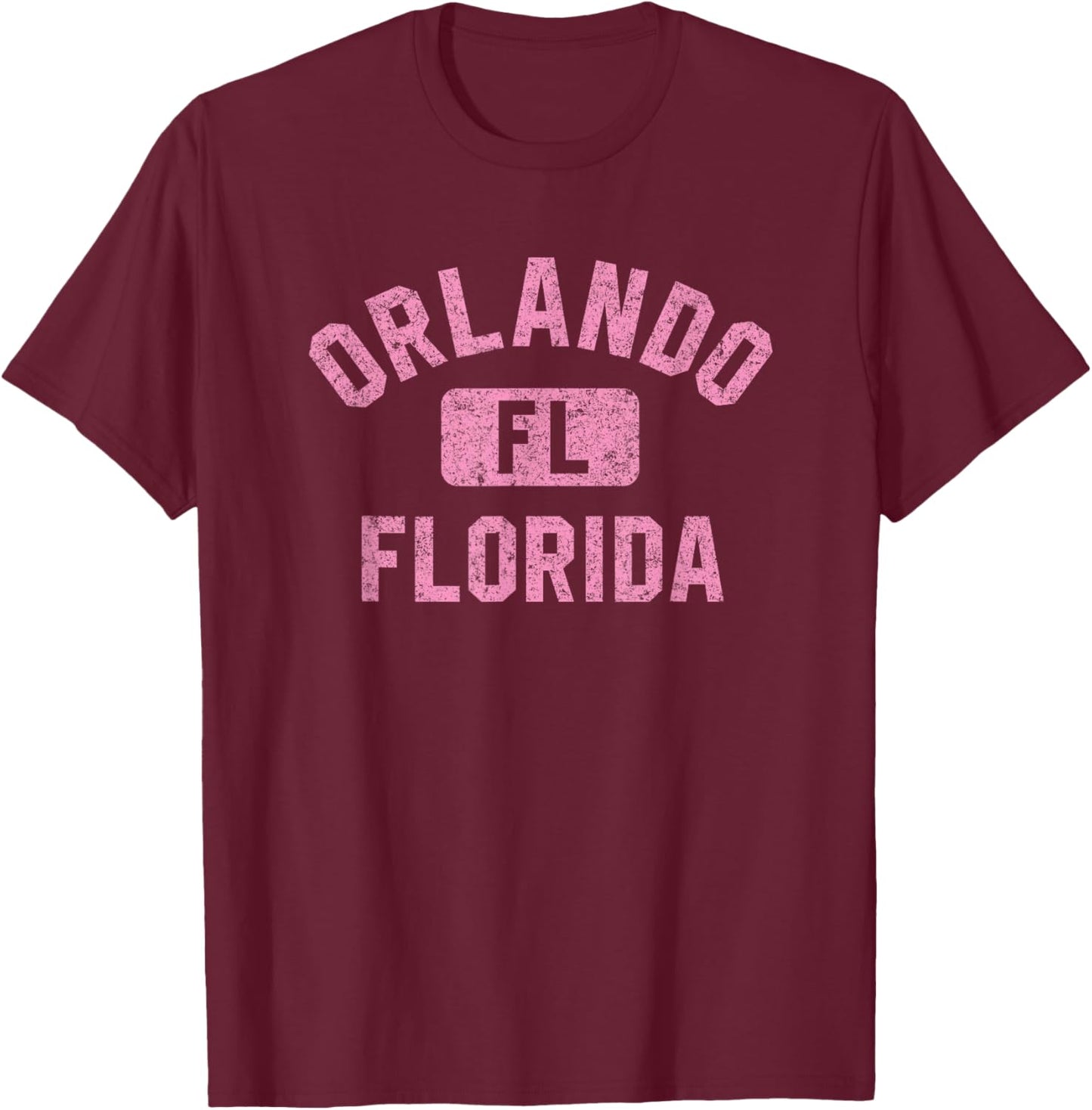 Orlando FL Florida Gym Style Distressed Pink Print T-Shirt - T-Shirt | Maroon