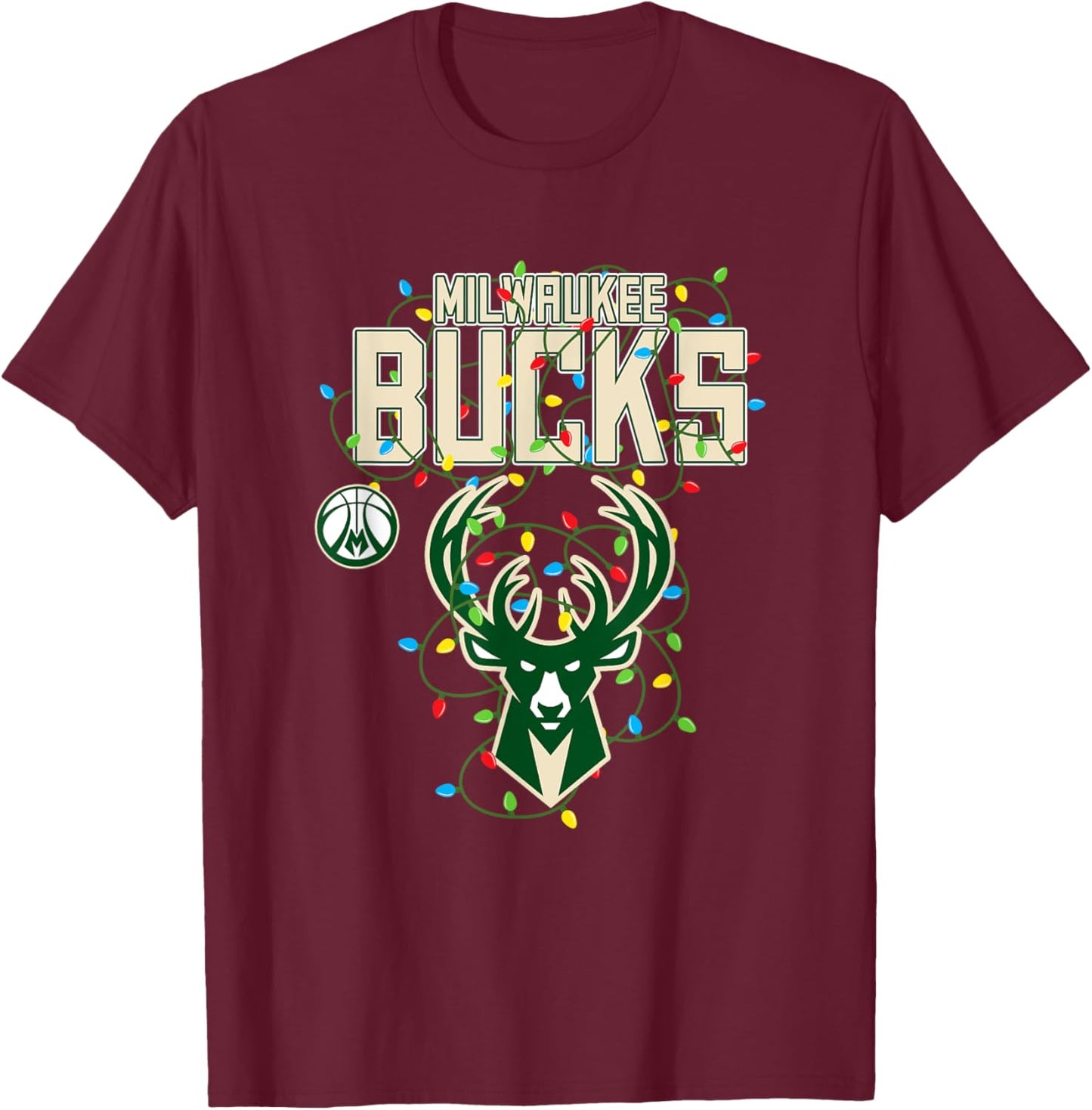 NBA Milwaukee Bucks Christmas Lights Holiday T-Shirt - T-Shirt | Maroon