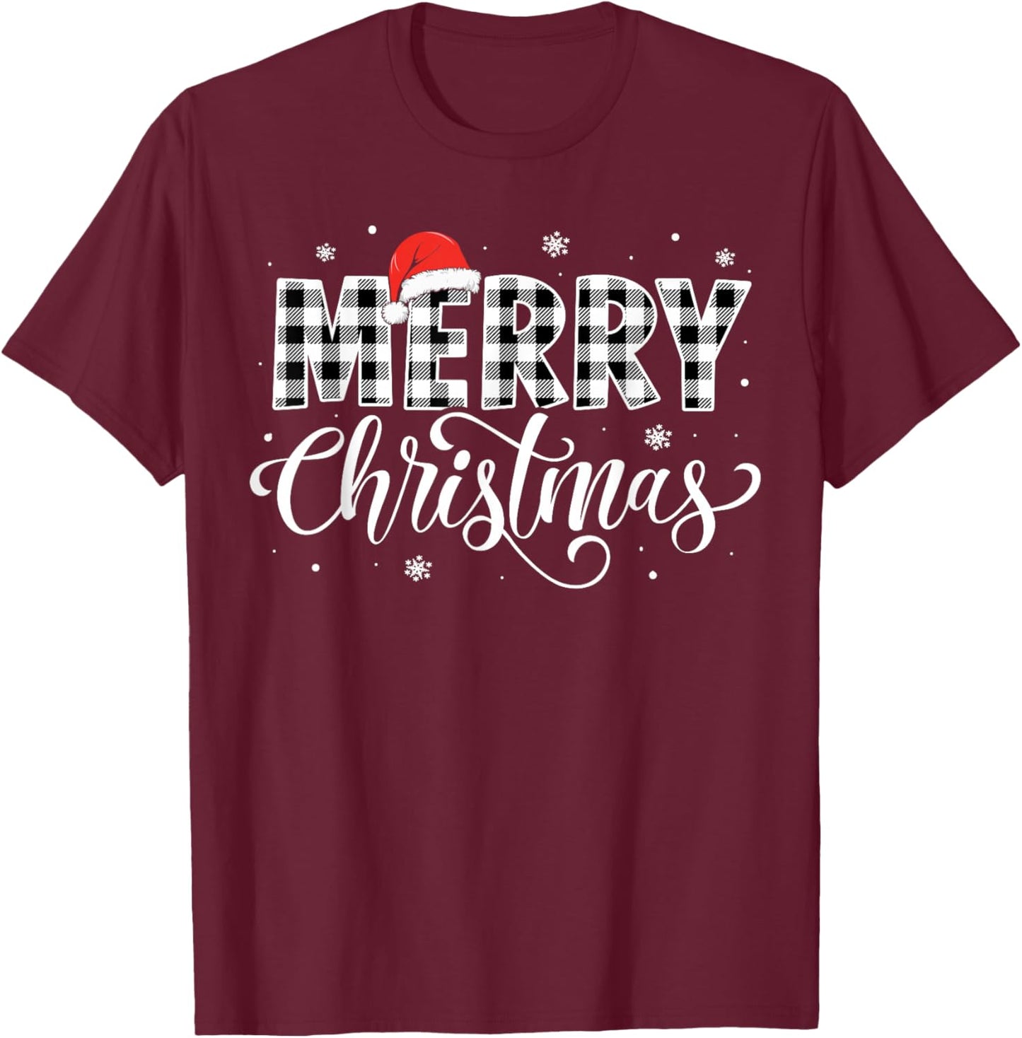 Merry Christmas Buffalo Plaid Black and White Santa Hat Xmas T-Shirt - T-Shirt | Maroon