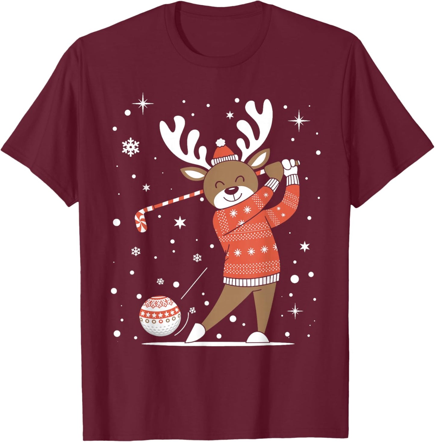Golf Player Xmas Lights Reindeer Playing Golf Christmas T-Shirt - T-Shirt | Maroon