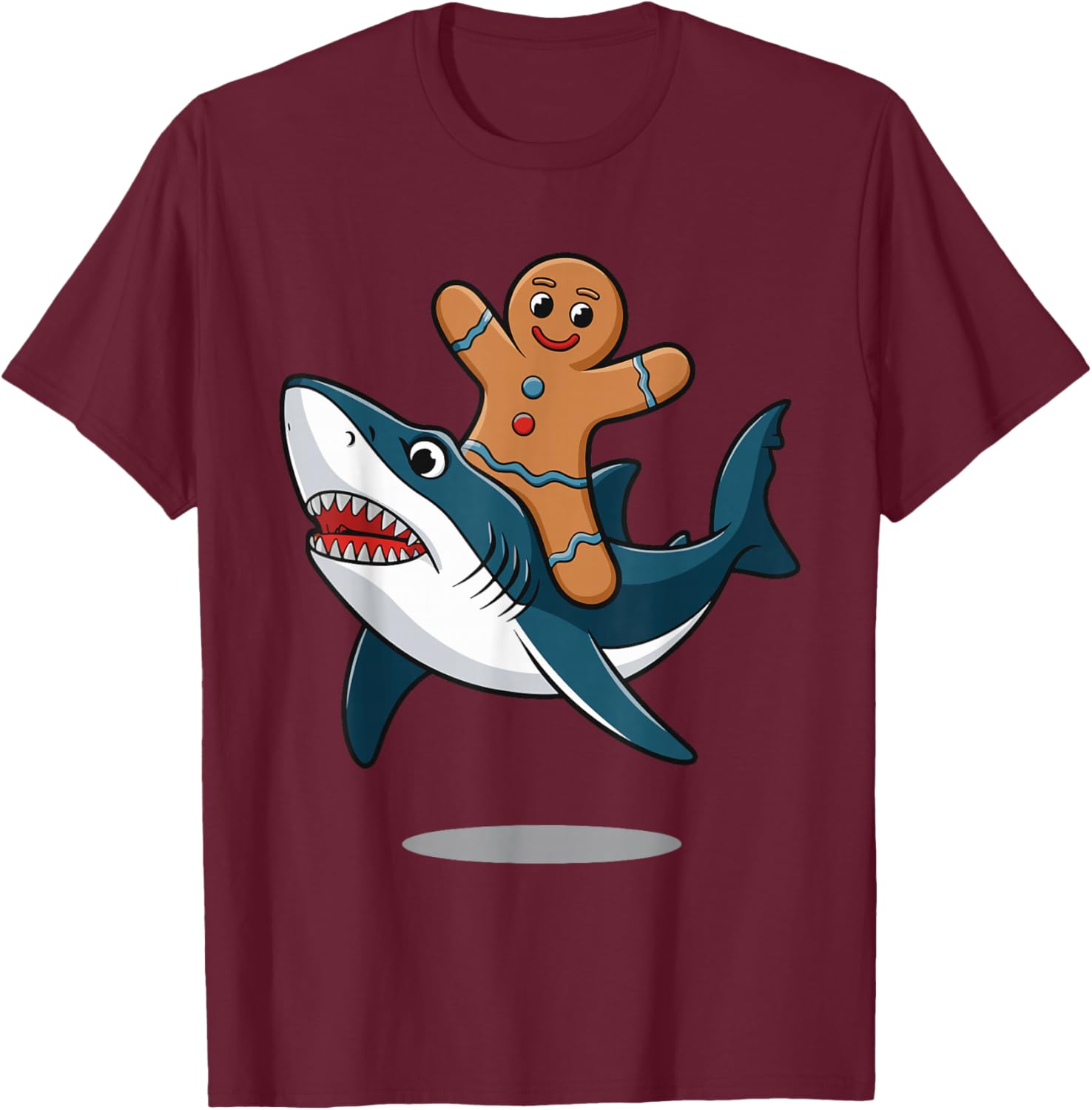 Gingerbread Riding A Shark T-Shirt - T-Shirt | Maroon