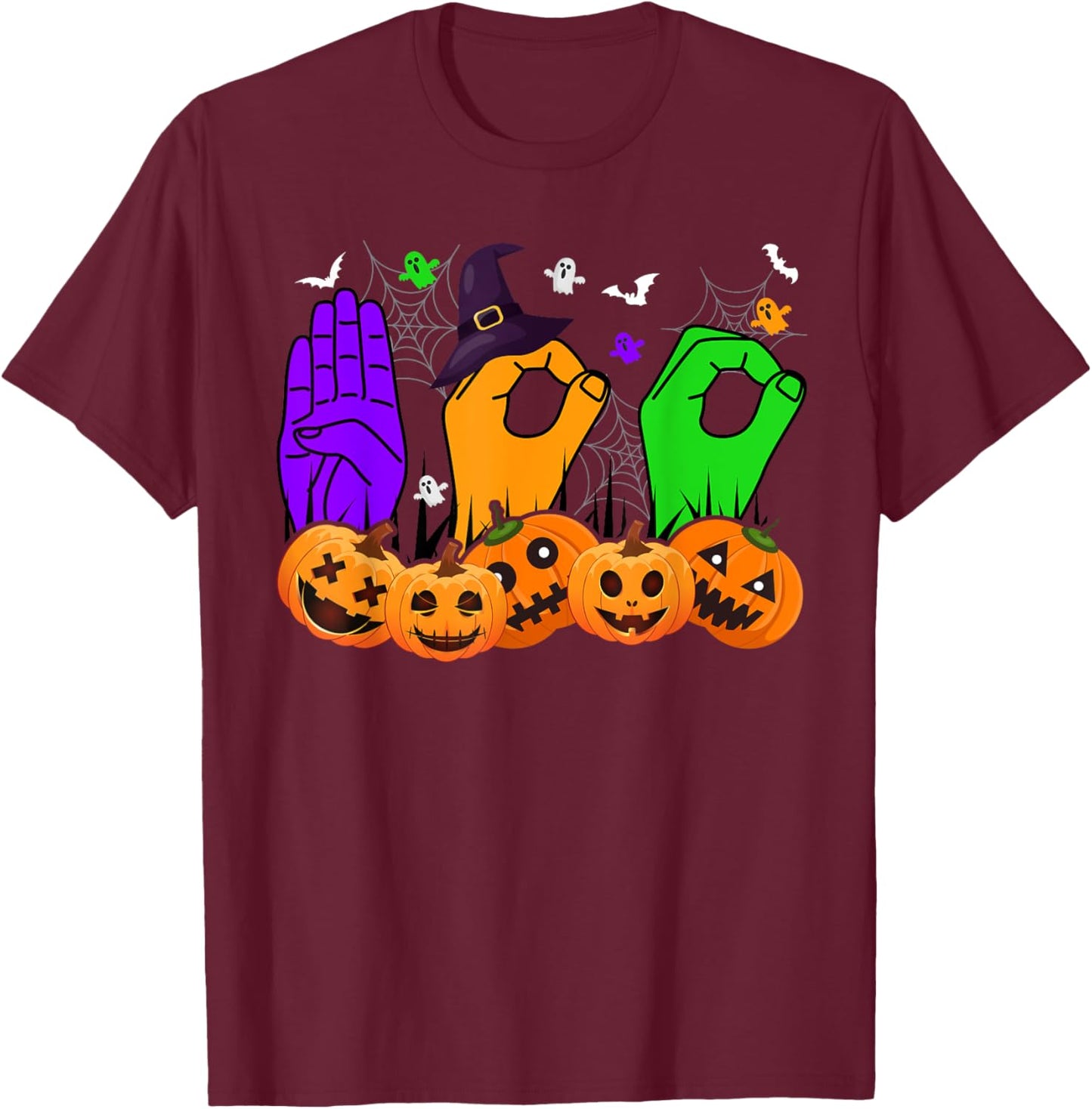 Boo Hands American Sign Language Pride ASL Halloween T-Shirt - T-Shirt | Maroon
