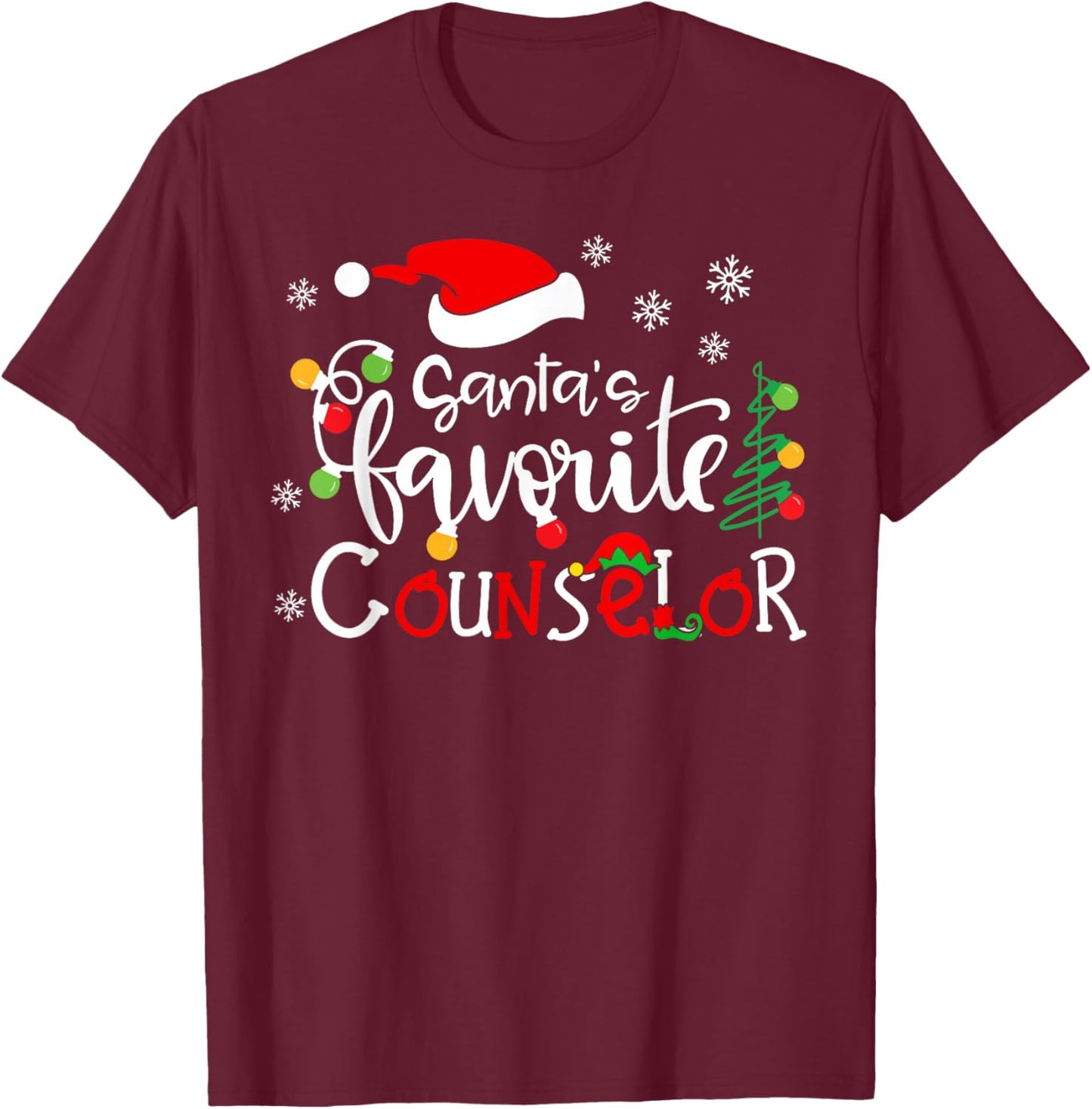 Santas Favorite Counselor Funny Christmas Santa Hat Lights T-Shirt - T-Shirt | Maroon
