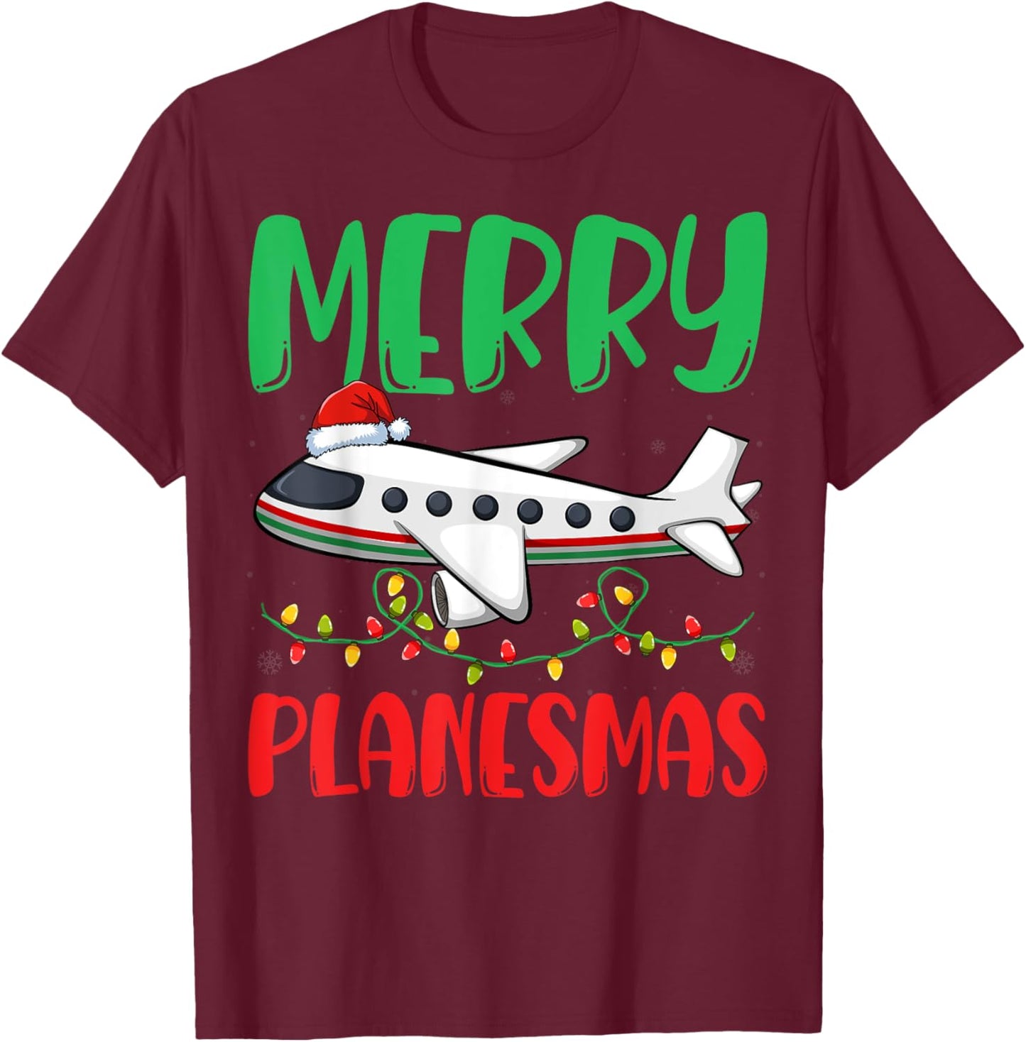 Merry Planesmas Xmas Lights Airplane Pilots Christmas T-Shirt - T-Shirt | Maroon