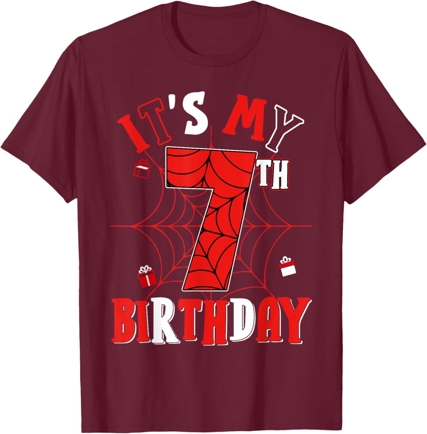Birthday Party Spider Web Costume It's My 7th Birthday T-Shirt - T-Shirt | Maroon