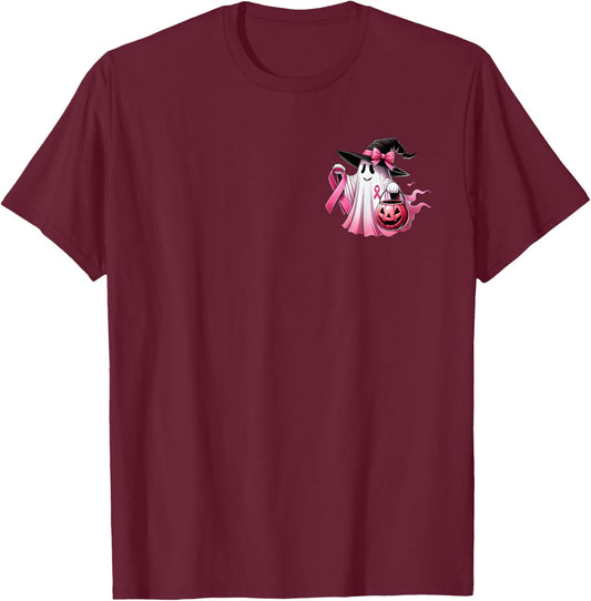 In October We Wear Pink Witch Ghost Breast Cancer (2 Side) T-Shirt - T-Shirt | Maroon