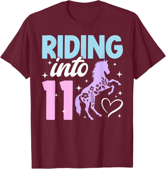 11th Horse Birthday Eleven Year Old Girl Horses Birthday T-Shirt - T-Shirt | Maroon