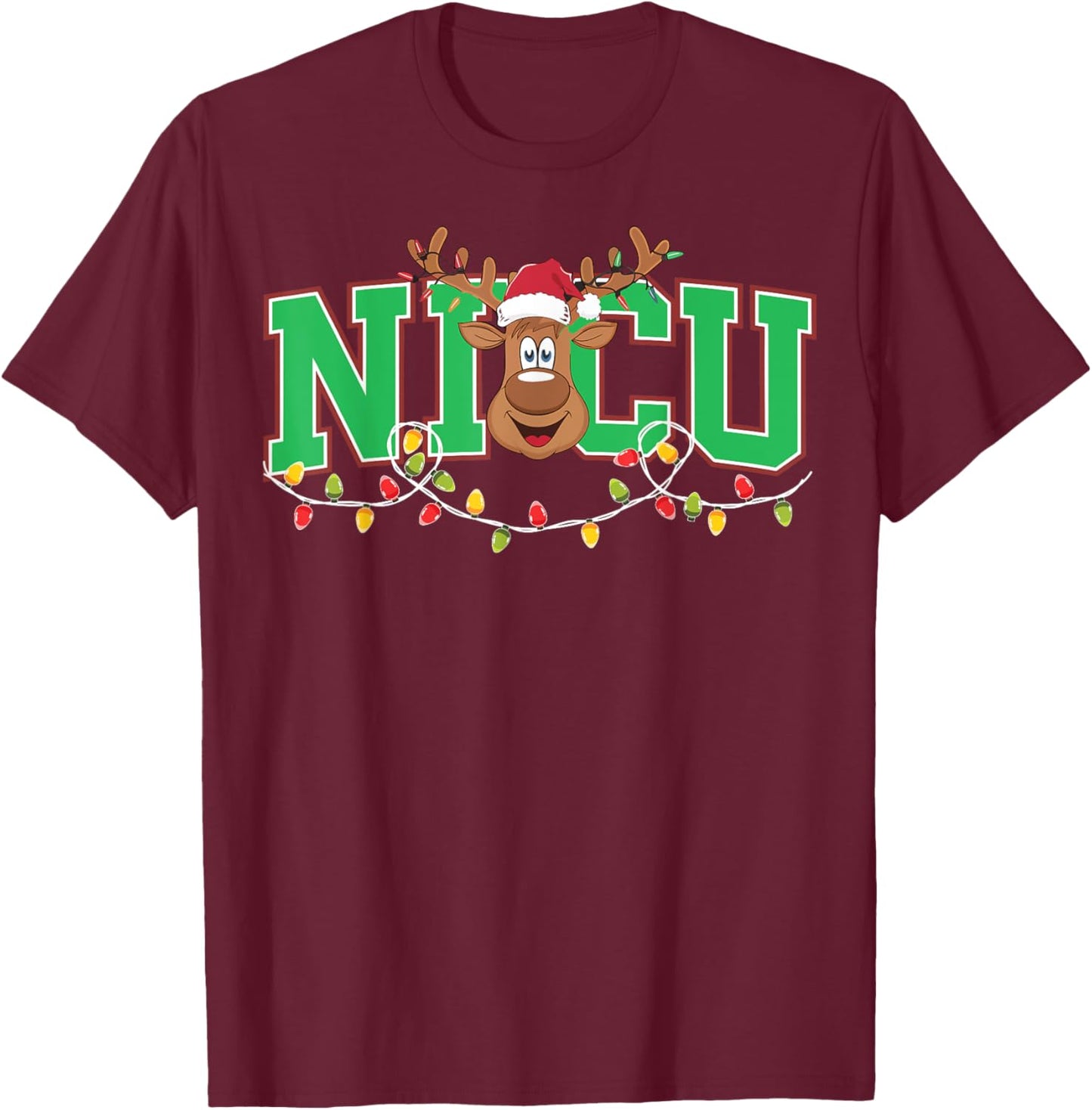 Reindeer NICU Nurse Xmas Lights Neonatal Nursing Christmas T-Shirt - T-Shirt | Maroon