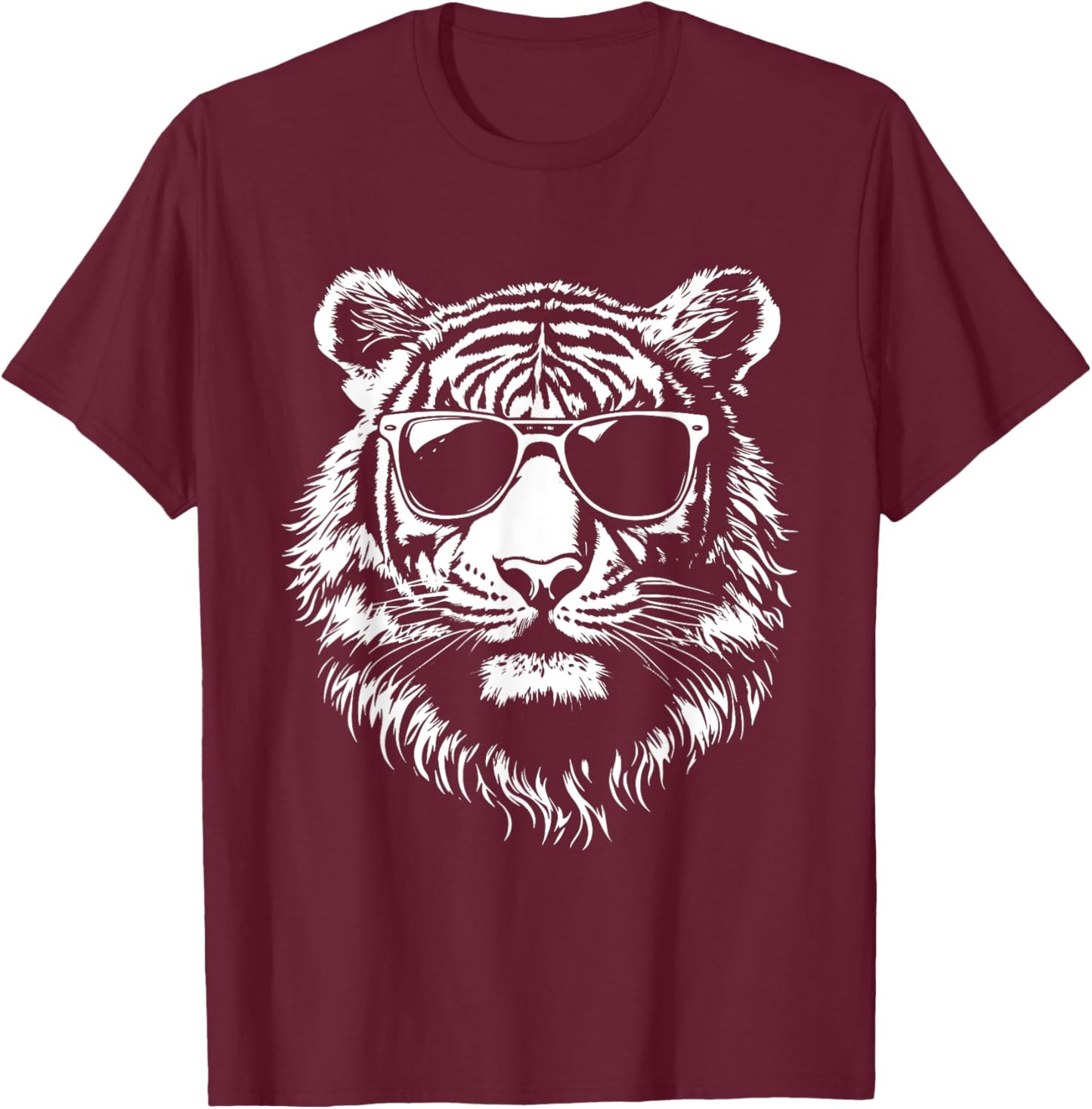 tigerco. Tiger Sunglasses Graphic -Adults & -Kids - Black - Small - Short Sleeve - Classic Fit - Polyester 100% T-Shirt - T-Shirt | Maroon