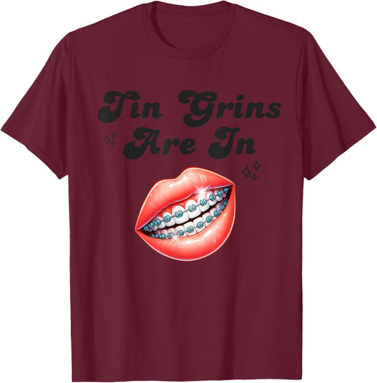 Metal Dental Braces, Tin Grins, Retro Braces T-Shirt - T-Shirt | Maroon
