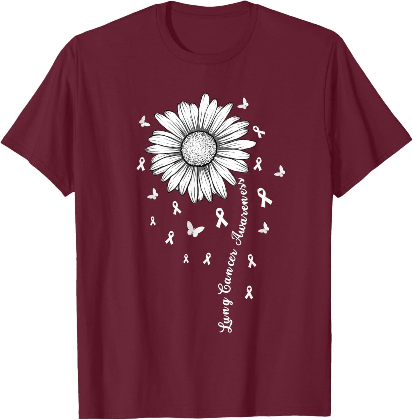 Support Lung Cancer Awareness Month Flower White Ribbon T-Shirt - T-Shirt | Maroon