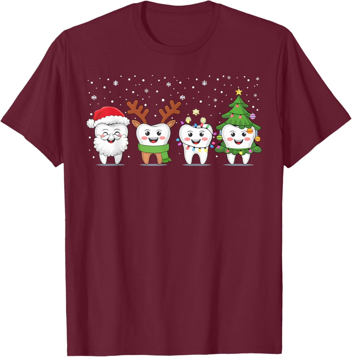 Cute Christmas Dental Tooth Characters Fun Holiday Dentist T-Shirt - T-Shirt | Maroon