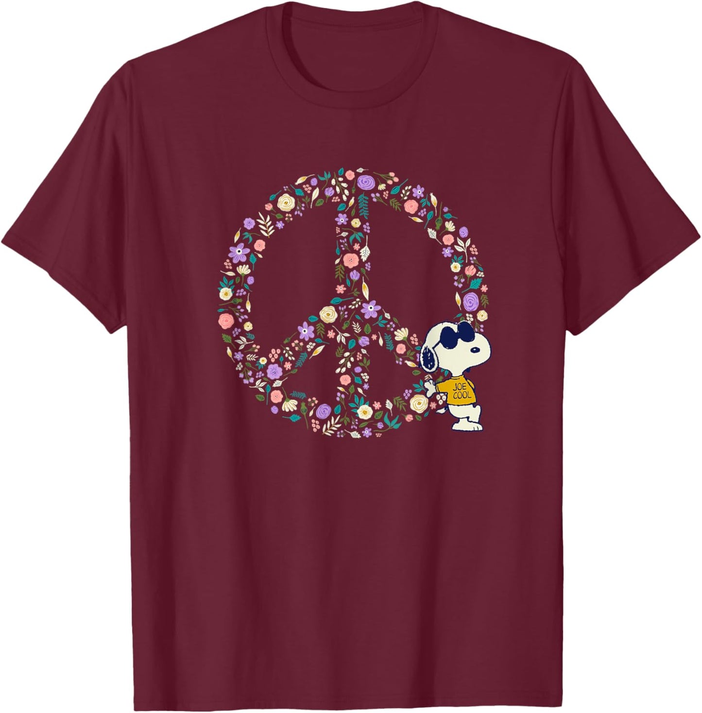 Peanuts Snoopy Joe Cool Peace Sign Nature In Bloom T-Shirt - T-Shirt | Maroon