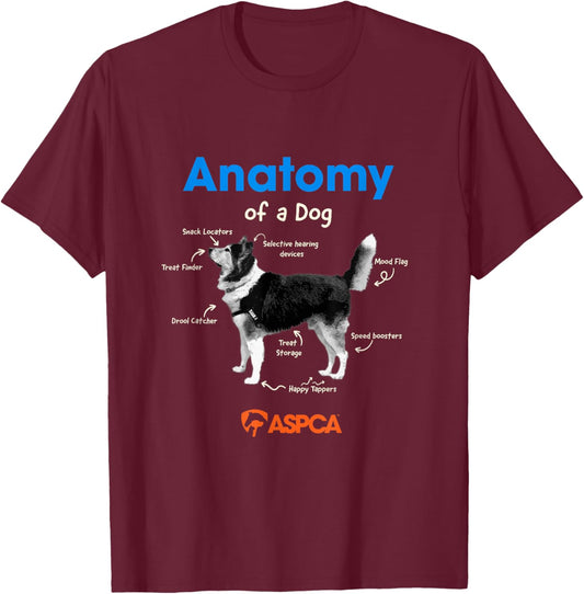 ASPCA Anatomy of a Dog -Adults Dog Lovers Classic Fit Black Small Short Sleeve T-Shirt - T-Shirt | Maroon