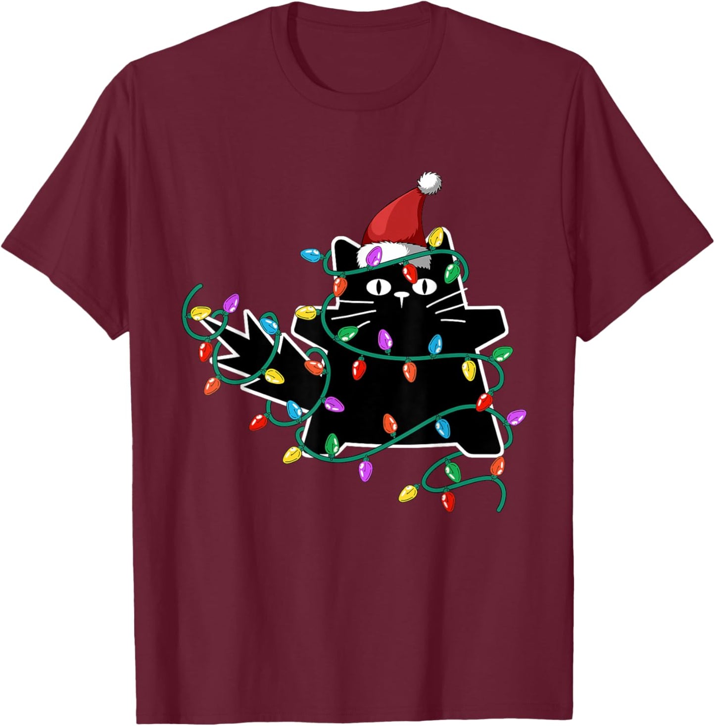 Black Cat Christmas Tree Lights Funny Santa Kitten T-Shirt - T-Shirt | Maroon