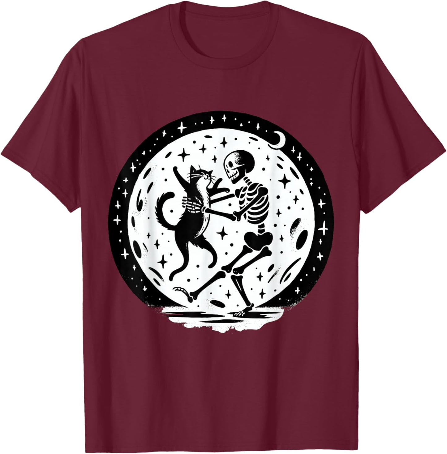 Skeleton Dancing with Cat Halloween T-Shirt - T-Shirt | Maroon
