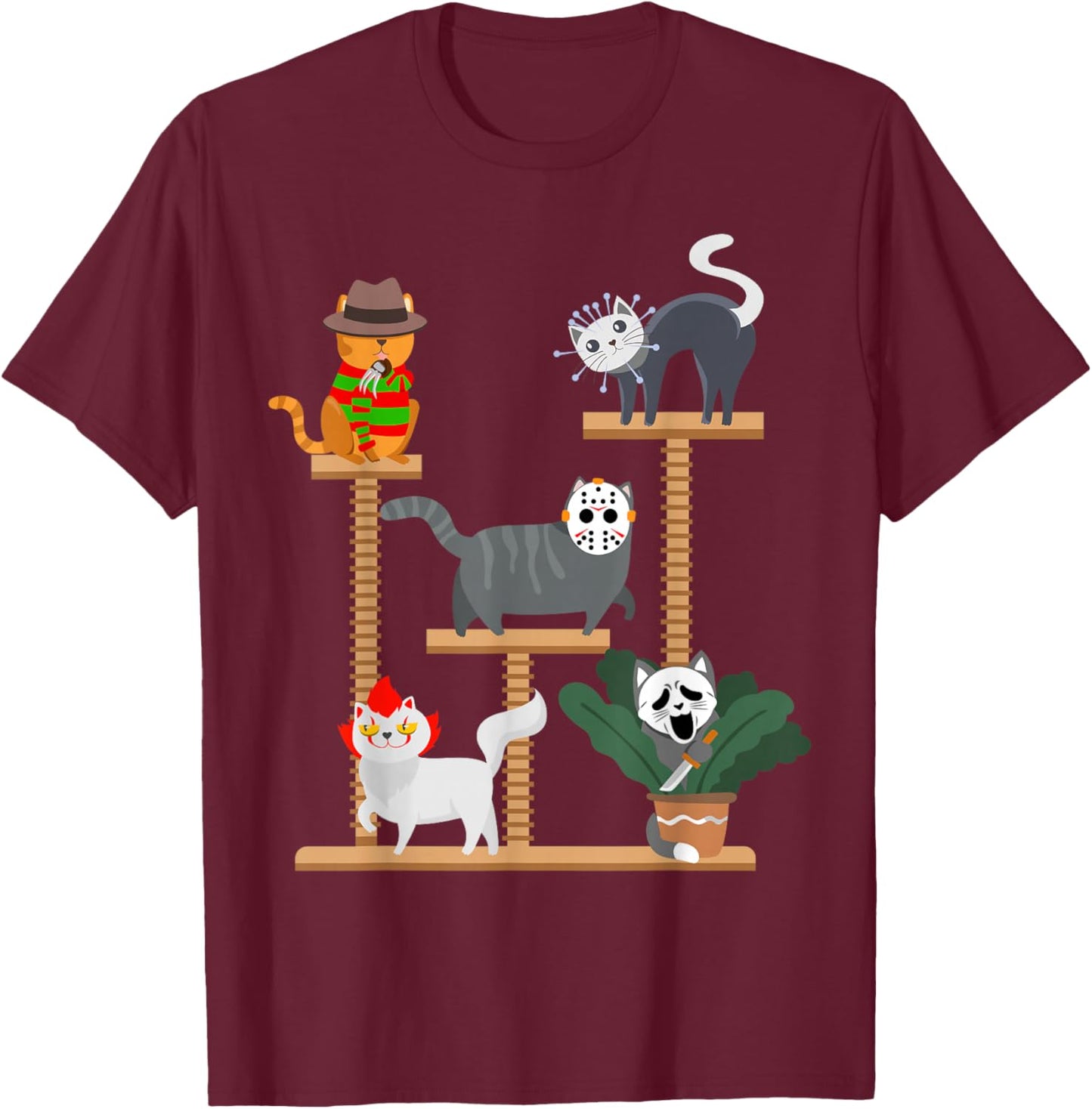 Horror Cat Playing on Tree Halloween Cat Lover Gift T-Shirt - T-Shirt | Maroon