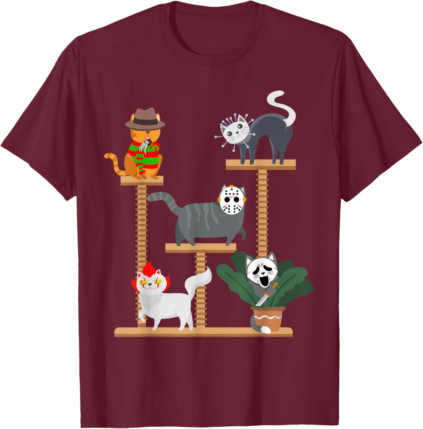 Horror Cat Playing on Tree Halloween Cat Lover Gift T-Shirt - T-Shirt | Maroon