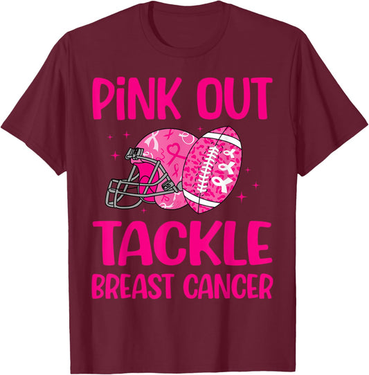 American Football Pink Out Tackle Breast Cancer Awareness T-Shirt - T-Shirt | Maroon