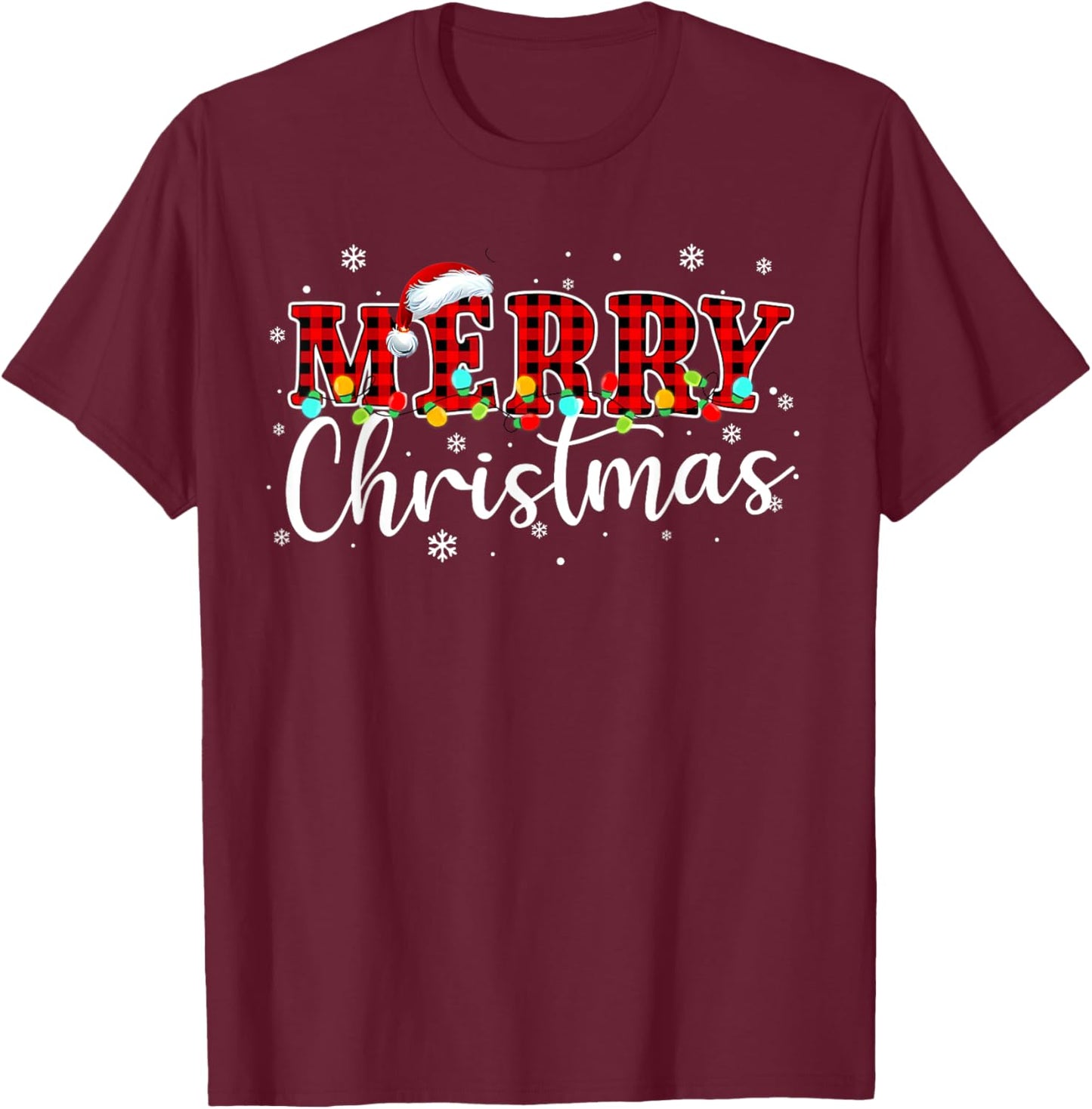 Merry Christmas Buffalo Plaid Red Santa Hat Xmas Pajamas T-Shirt - T-Shirt | Maroon
